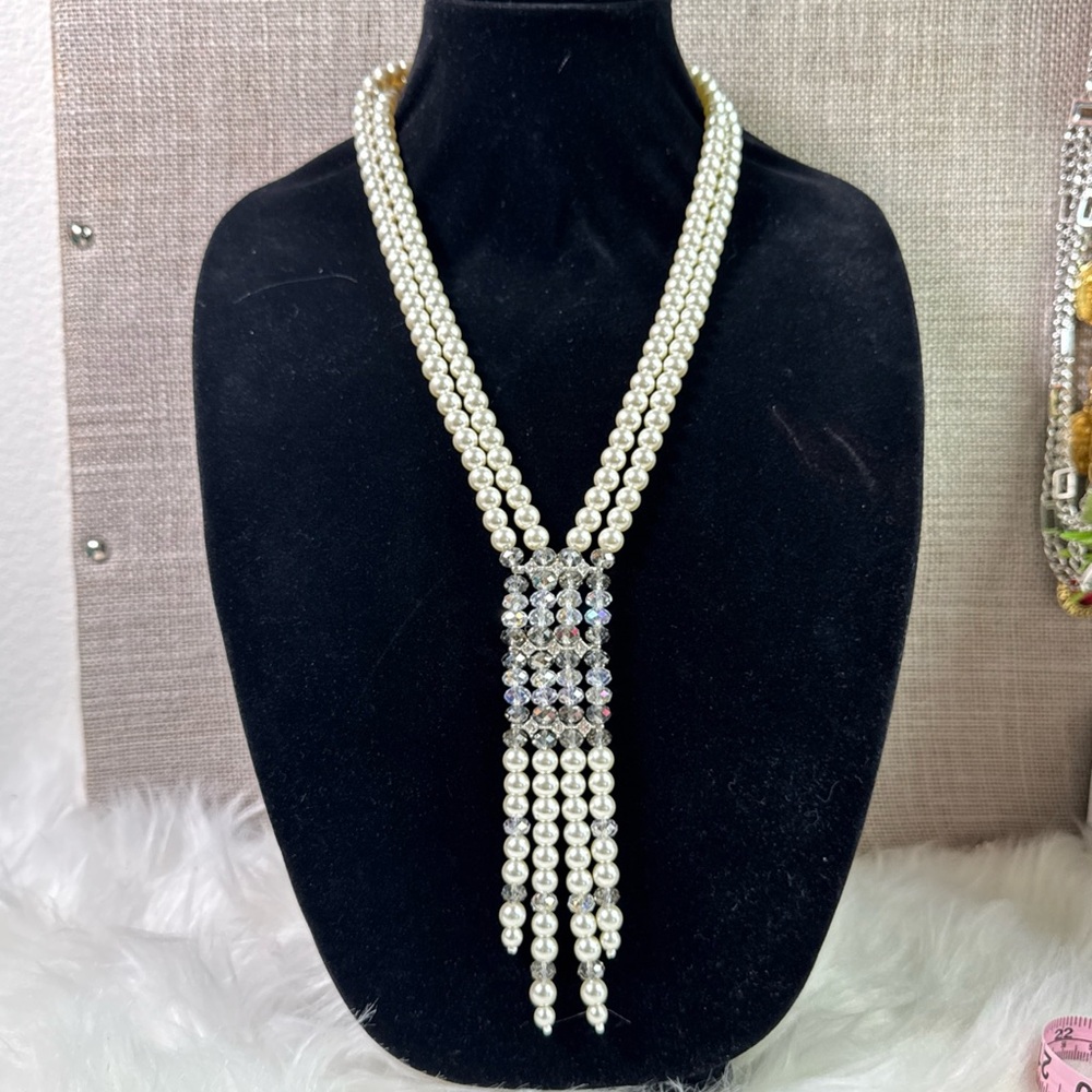 KISSAKA designer multi strand gray pearl crystal & silver tassel necklace, 17”